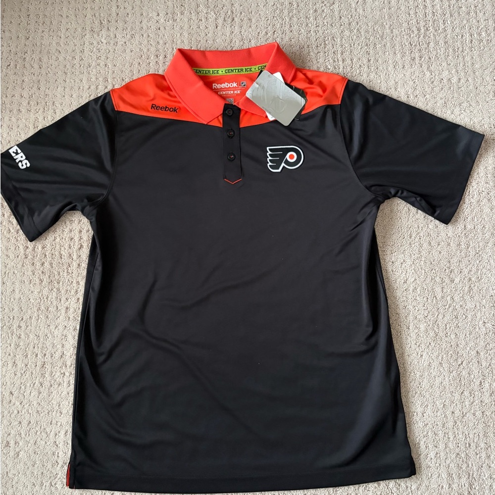 Reebok Black and Orange Philadelphia Flyers Polo Shirt M